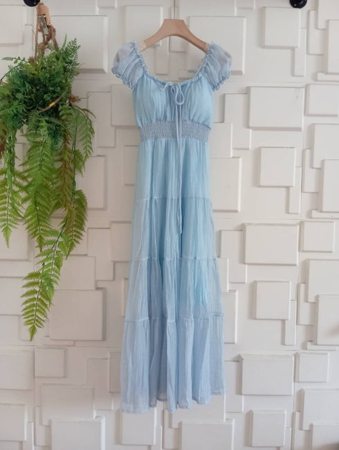 Summer Chiffon Drawstring Neckline Long Maxi Dress